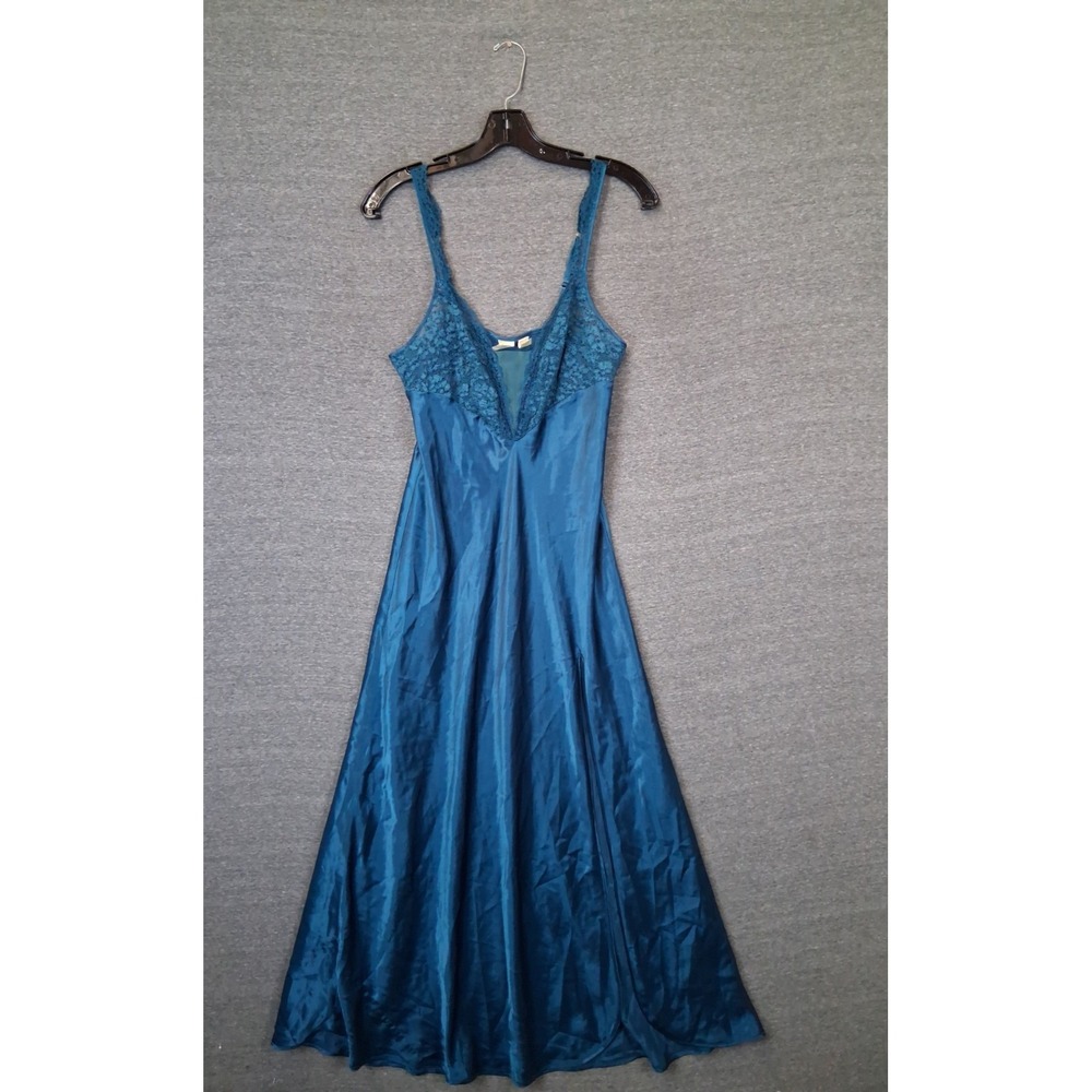 VTG Victorias Secret Dress S Blue Satin Maxi Gold Crown Label 90s Dark Romantic